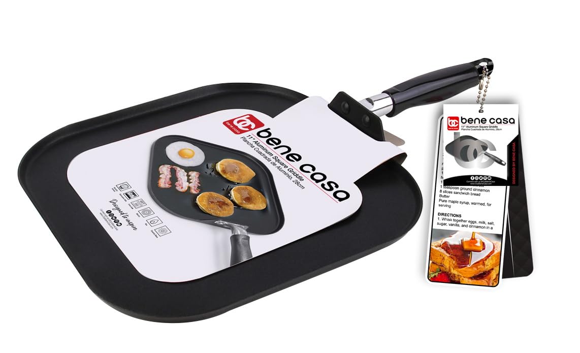 Bene Casa 11-Inch Square Nonstick Aluminum Griddle | Dishwasher Safe | Stovetop Suitable | Fast, Even Cooking | Lightweight and Sturdy.