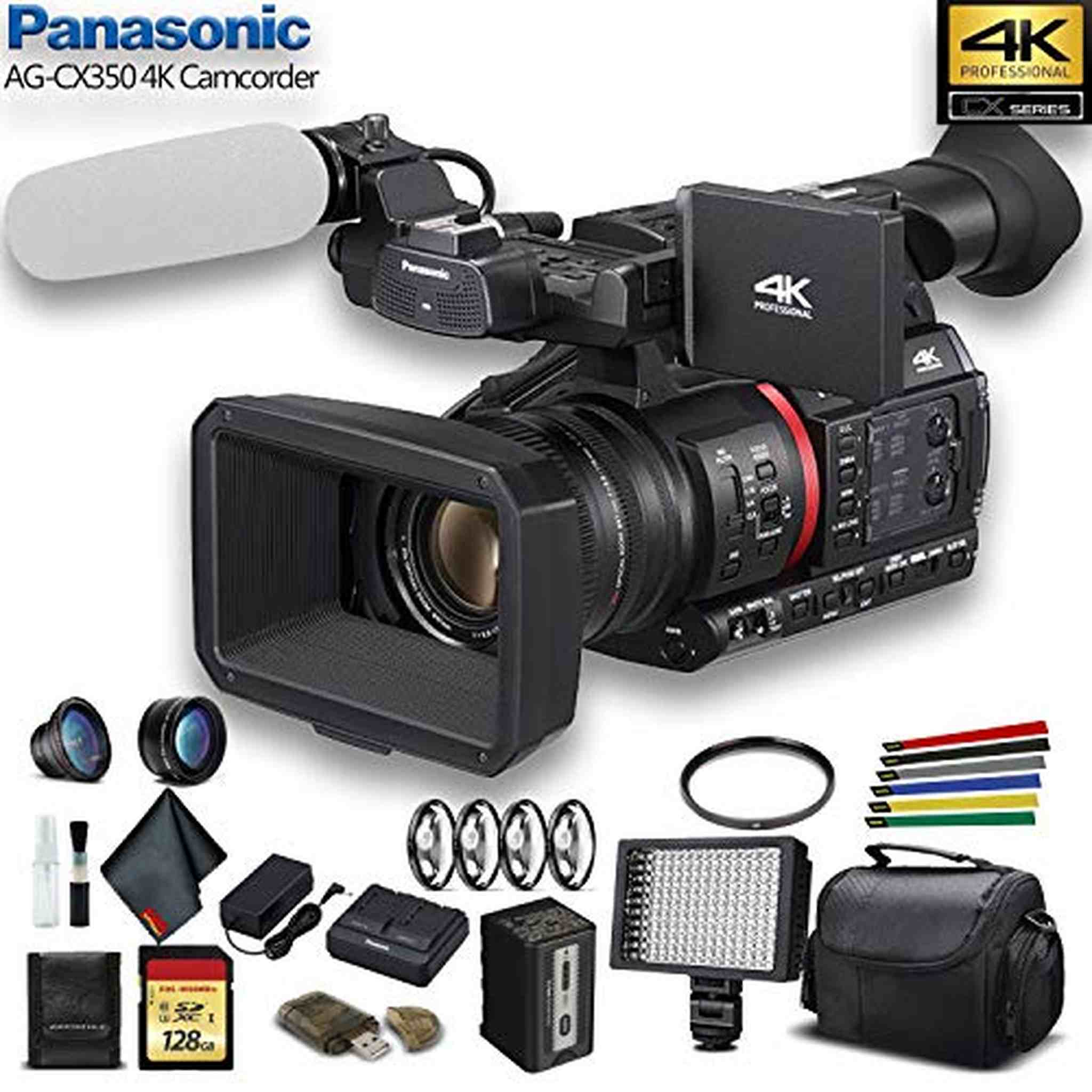 Panasonic AG-CX350 4K Camcorder AG-CX350 W/Padded Case, 128 GB Memory Card, Lens Attachments, Wire Straps, LED Light, - Reconditioned Panasonic