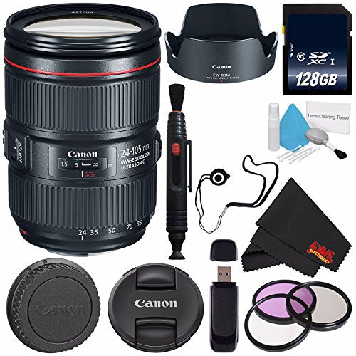 6Ave Canon EF 24-105mm f/4L IS II USM Lens 1380C002 (White Box) + 77mm 3 Piece Filter Kit + 128GB SDXC Class 10 Memory Card + SD Card USB Reader +