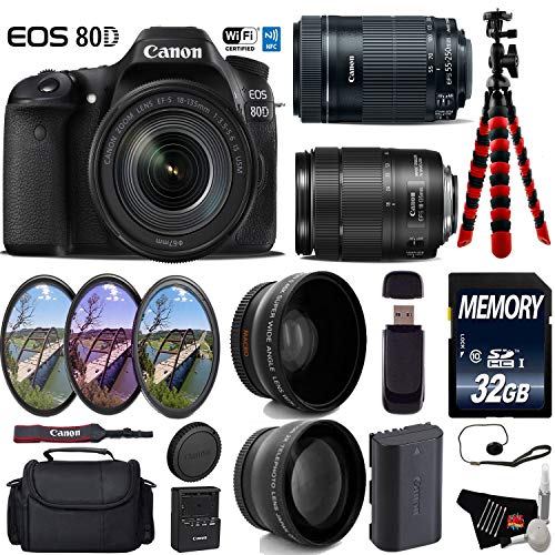 Canon EOS 80D DSLR Camera with 18-135mm is STM Lens & 55-250mm is STM Lens + UV FLD CPL Filter Kit Deluxe Bundle