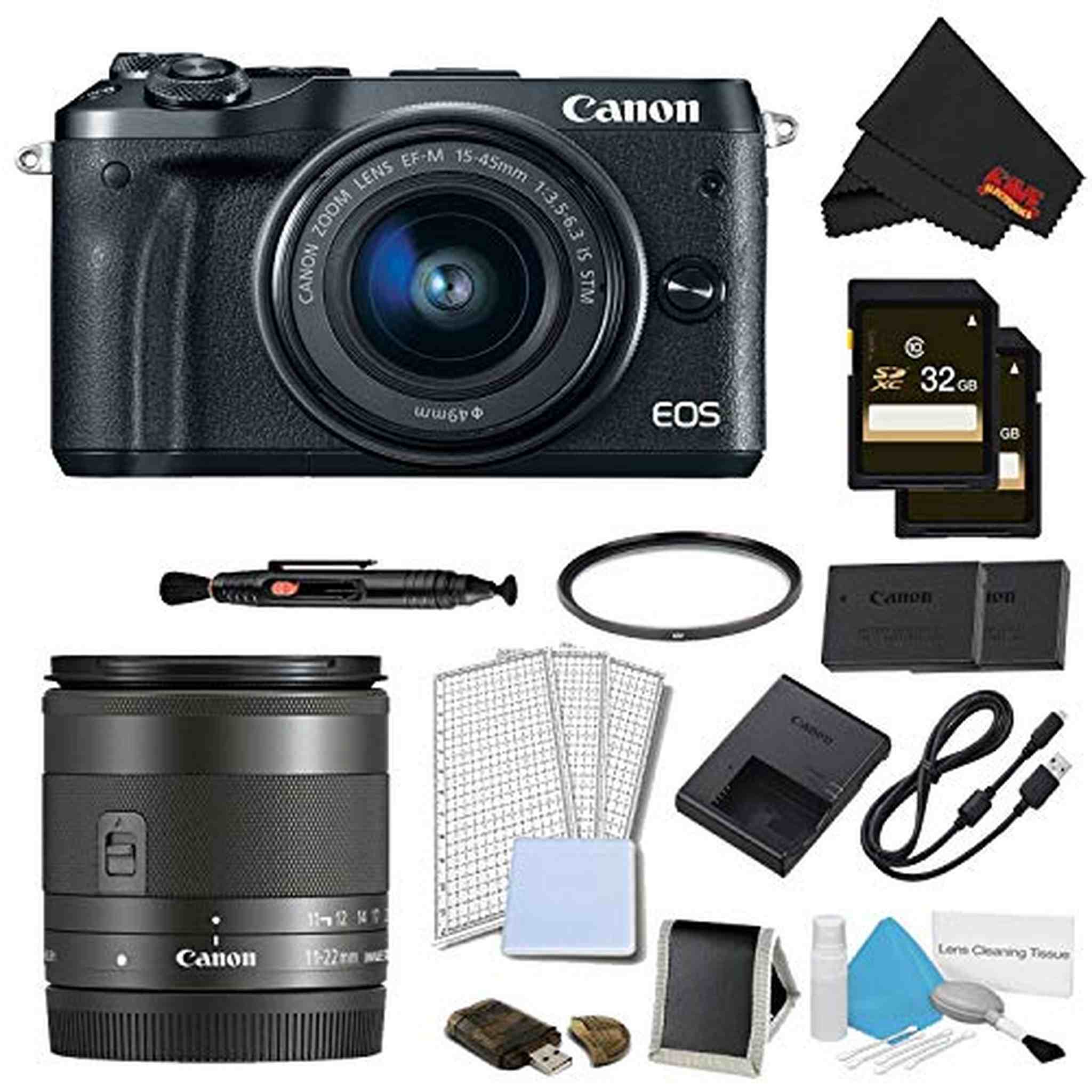 Canon EOS M6 Mirrorless Digital Camera with 15-45mm Lens Black Pro Bundle w/Bonus EF-M 11-22MM Lens - International Mo Canon