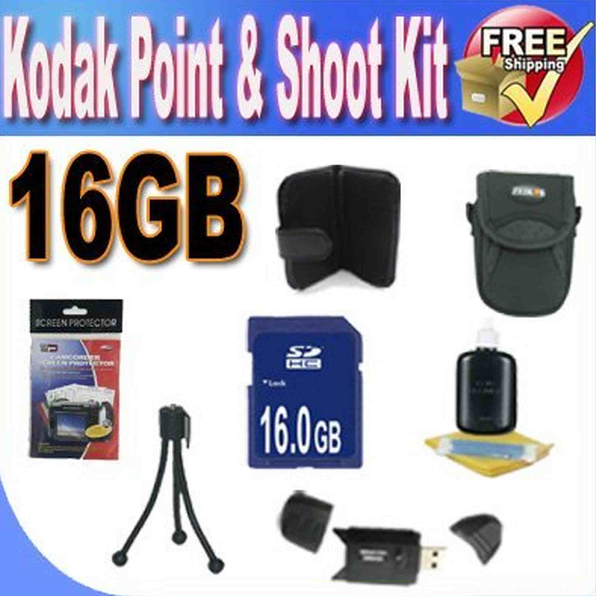 Kodak Point & Shoot Accessory Saver Bundle! 16GB SDHC Memory + USB Card Reader + Memory Card Wallet + Deluxe Camera Case w/Strap + Lcd Screen Protectors + Mini Tripod + Accessory Saver Bundle!