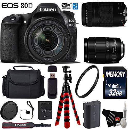 Canon EOS 80D DSLR Camera with 18-135mm is STM Lens & 75-300mm III Lens + Flexible Tripod + UV Protection Filter Deluxe Bundle