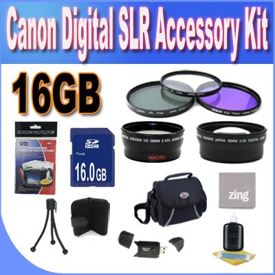 Accessory Saver Kit for Canon SLR 58mm Wide Angle Lens + 58mm 2X Telephoto Lens + 58mm 3 Piece Filter Kit + 16GB SDHC Memory Accessory Saver Bundle!
