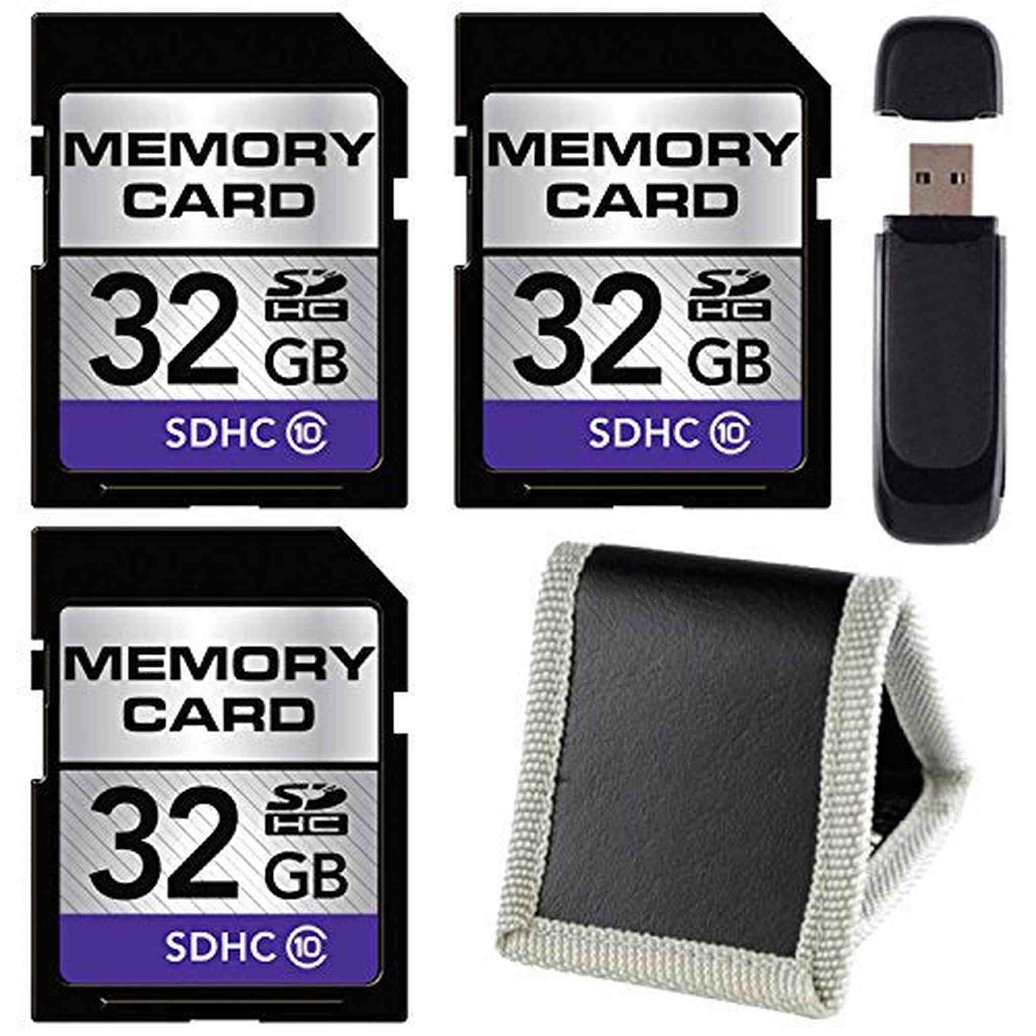 32GB SDHC Class 10 Memory Card 3-Pack + SD Card USB Reader + Memory Card Wallet Bundle