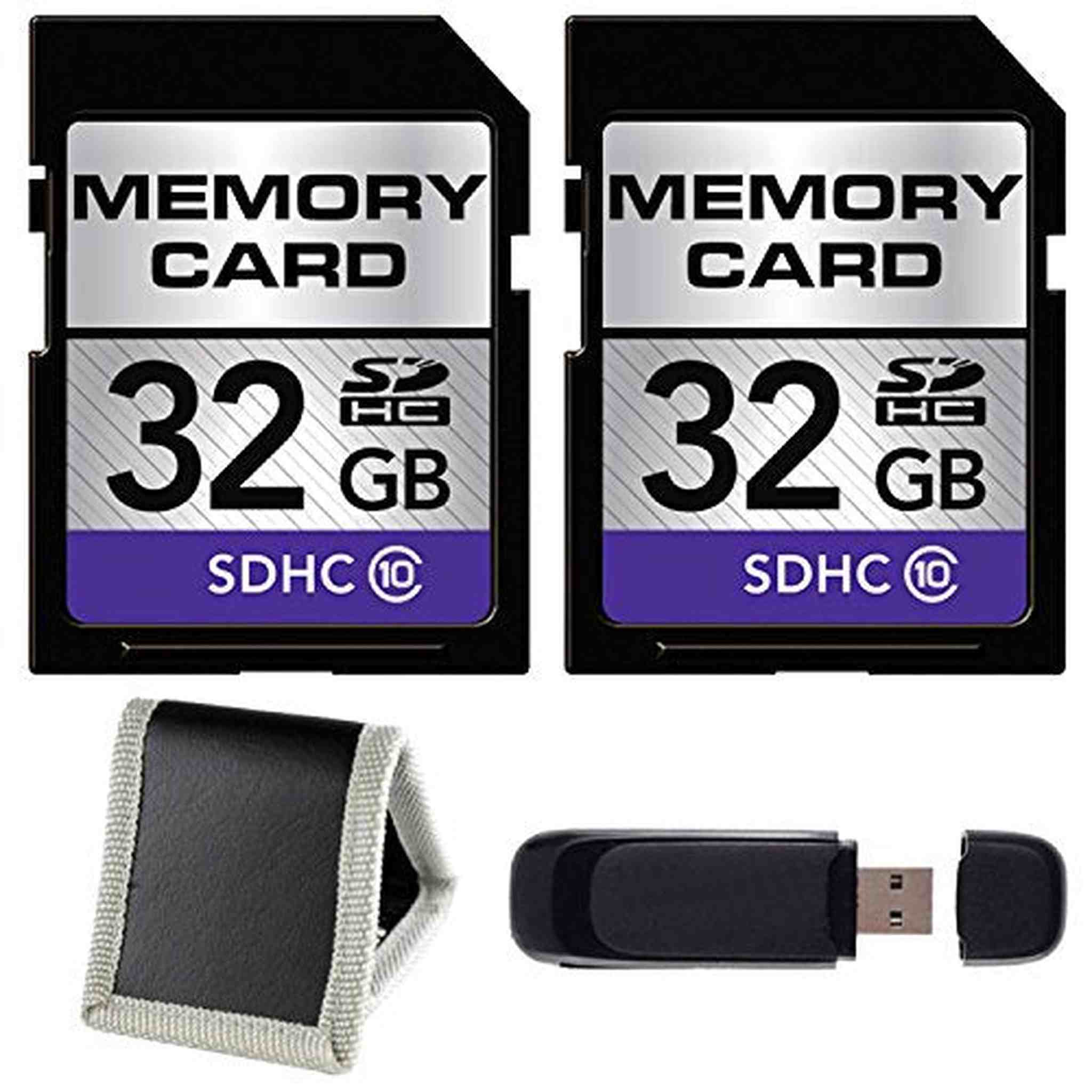 32GB SDHC Class 10 Memory Card 2-Pack + SD Card USB Reader + Memory Card Wallet Bundle