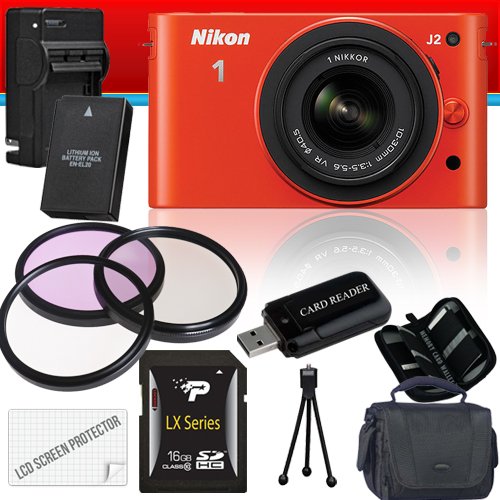 Nikon 1 J2 Mirrorless Digital Camera with 10-30mm VR Zoom Lens (Orange) 16GB Package