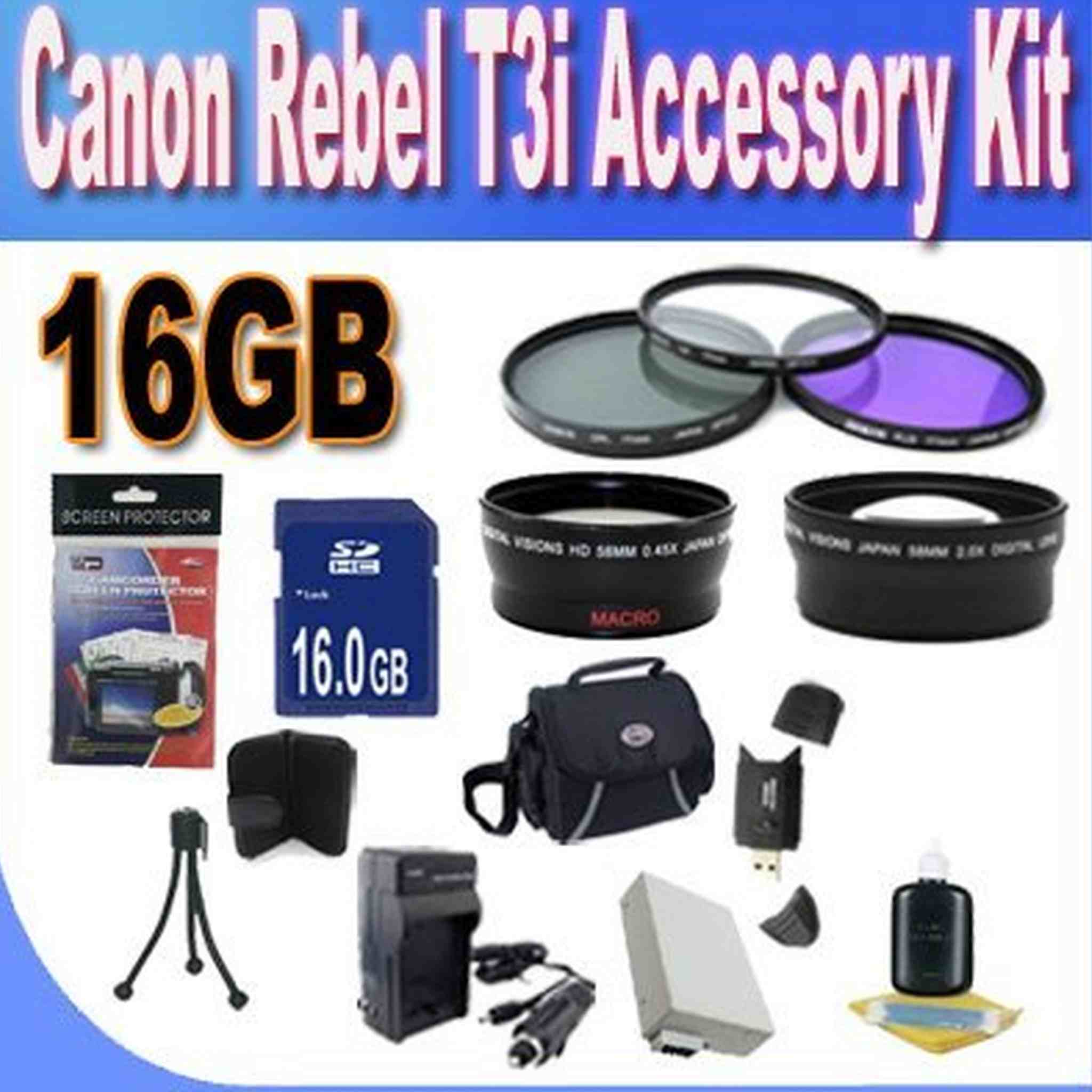 Canon T3I Accessory Saver Kit 58mm Wide Angle Lens + 58mm 2X Telephoto Lens + 58mm 3 Piece Filter Kit + 16GB SDHC Memory + Accessory Saver Bundle!