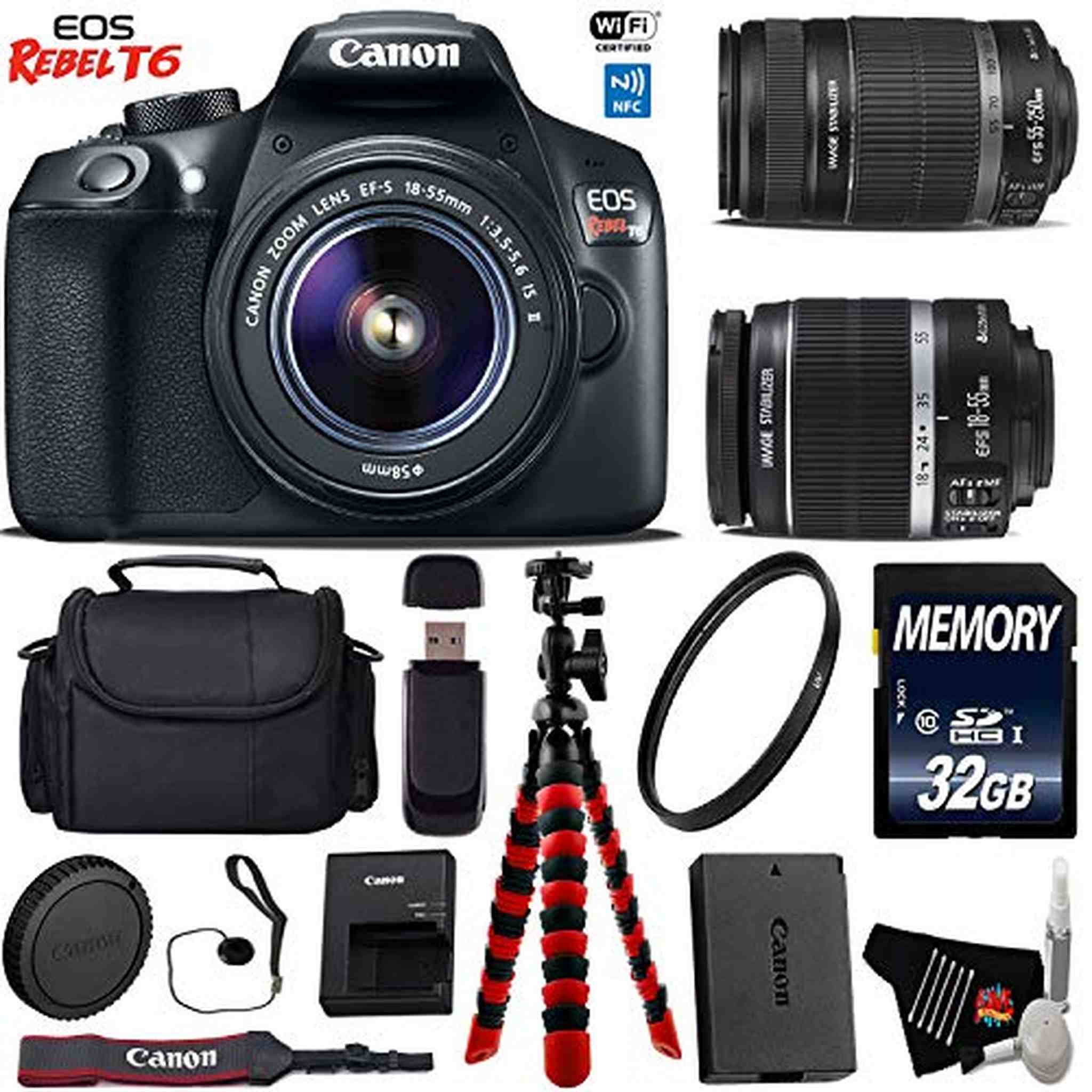 Canon EOS Rebel T6 DSLR Camera 18-55mm is Lens & 55-250mm is II Lens + Flexible Tripod + UV Protection Filter + Professi Canon