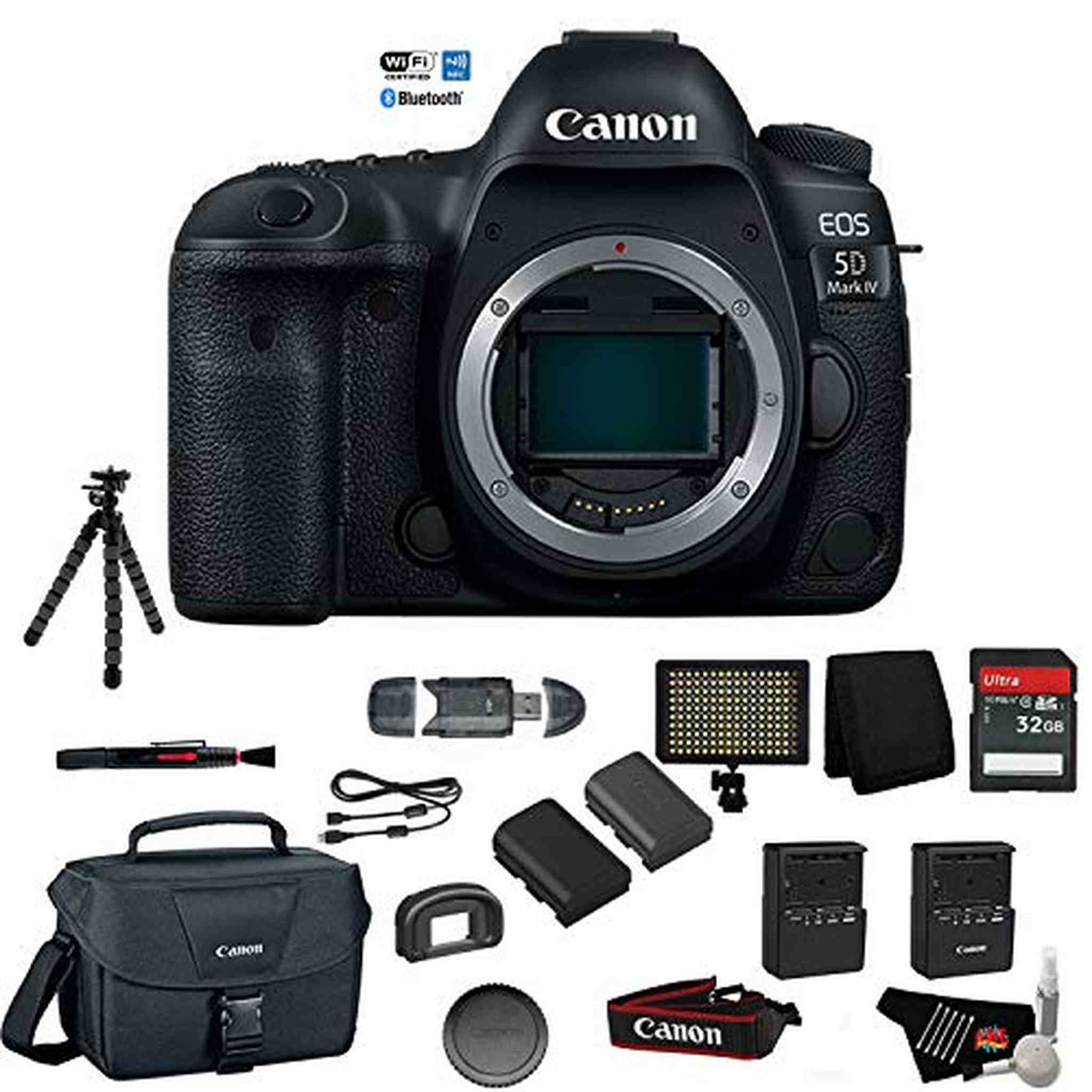 Canon EOS 5D Mark IV Full Frame Digital SLR Camera Body - Bundle with Tripod + LED Light + 32 GB Memory Card + More Int - Used Canon