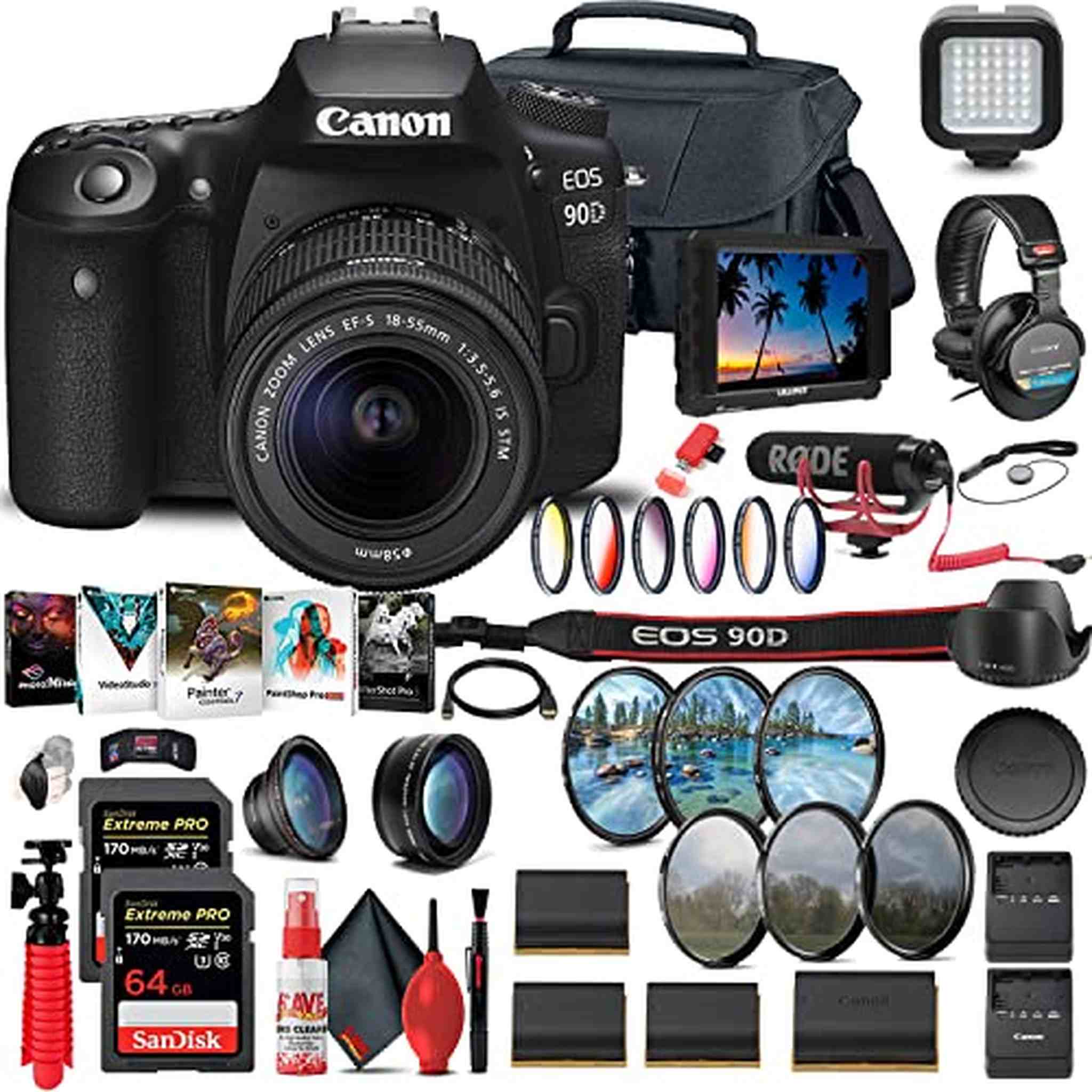 Canon EOS 90D DSLR Camera with 18-55mm 3616C009 + 4K Monitor + Lens + More - Reconditioned Canon