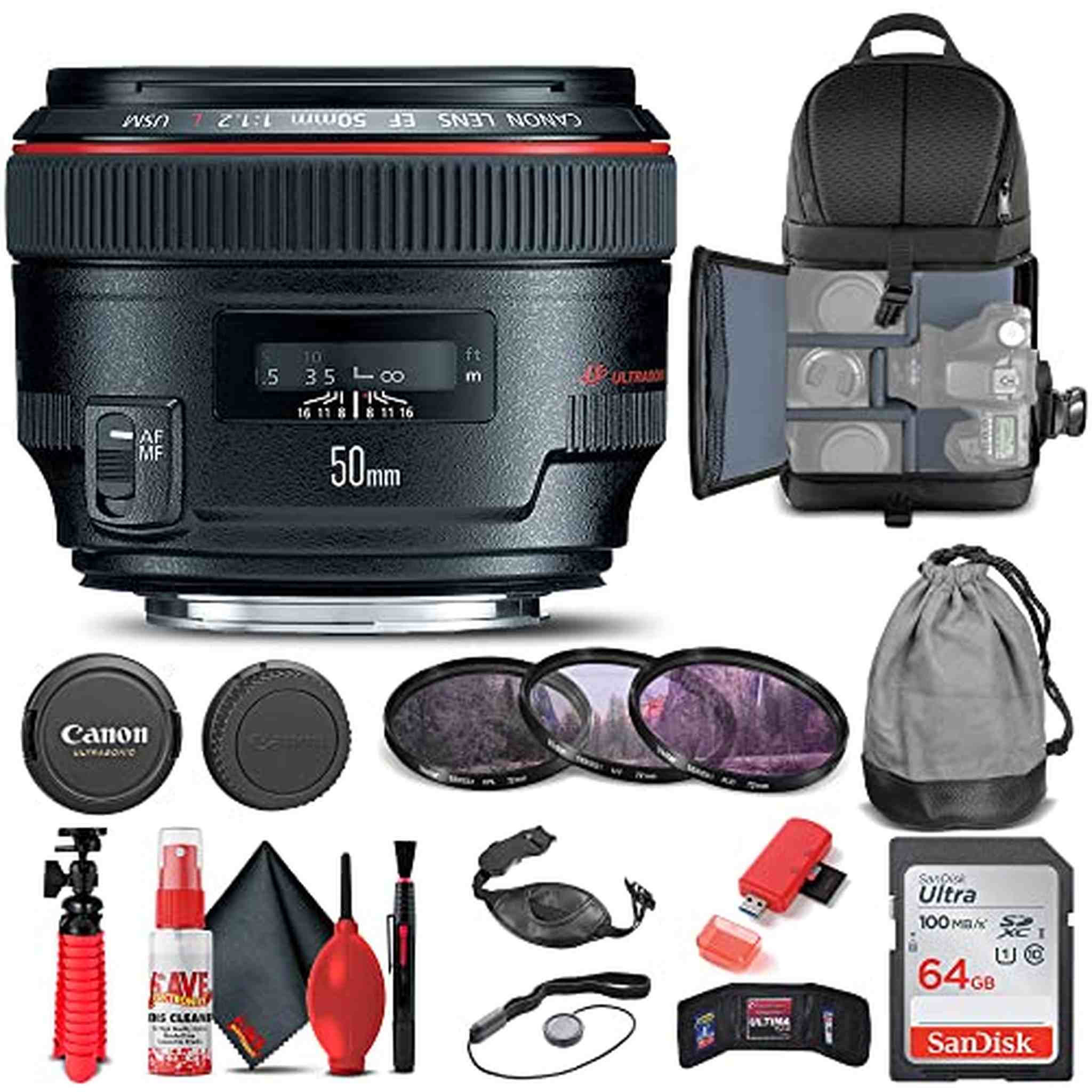 Canon EF 50mm f/1.2L USM Lens 1257B002 + Filter + BackPack + 64GB Card + More - Reconditioned Canon