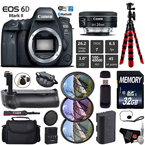 Canon EOS 6D Mark II DSLR Camera with 24mm f/2.8 STM Lens + Professional Battery Grip + UV FLD CPL Filter Kit + Case Starter Bundle Canon