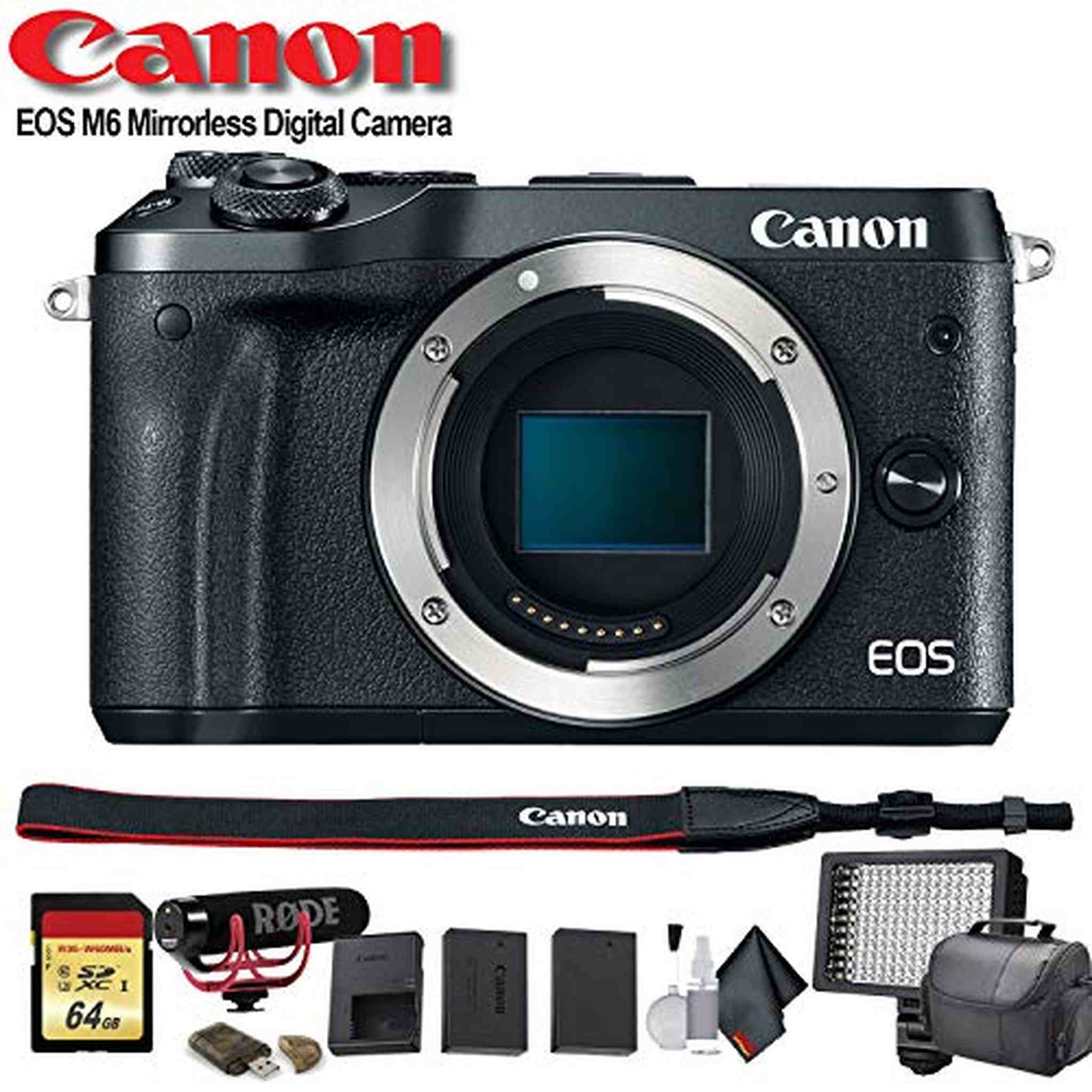 Canon EOS M6 Mirrorless Digital Camera International Model Black 1724C001 W/Bag, Extra Battery, LED Light, Mic, Fi Canon