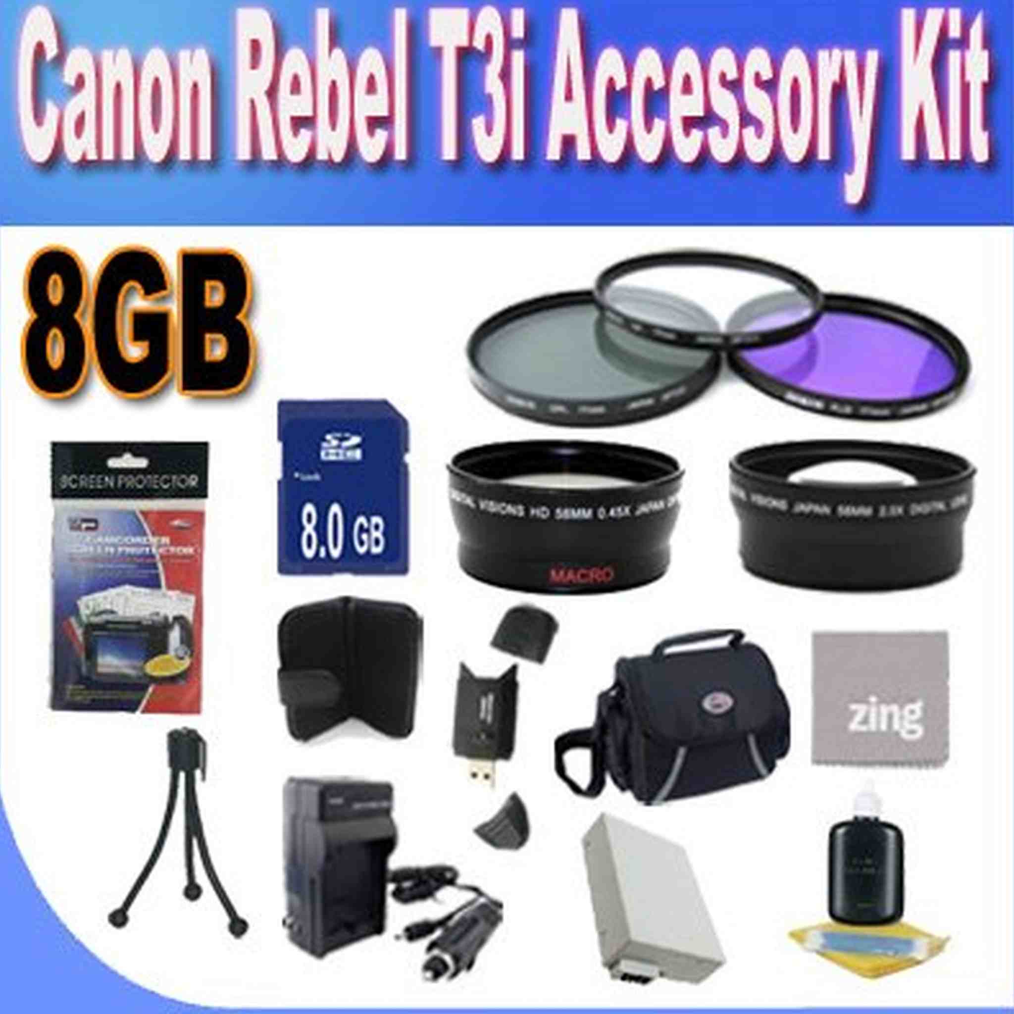 Canon T3I Accessory Saver Kit 58mm Wide Angle Lens + 58mm 2X Telephoto Lens + 58mm 3 Piece Filter Kit + 8GB SDHC Memory + Accessory Saver Bundle!