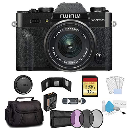 FUJIFILM X-T30 Mirrorless Digital Camera with 15-45mm Lens 16619205 (Black) - Bundle with 32GB Memory Card + Carrying Case + More