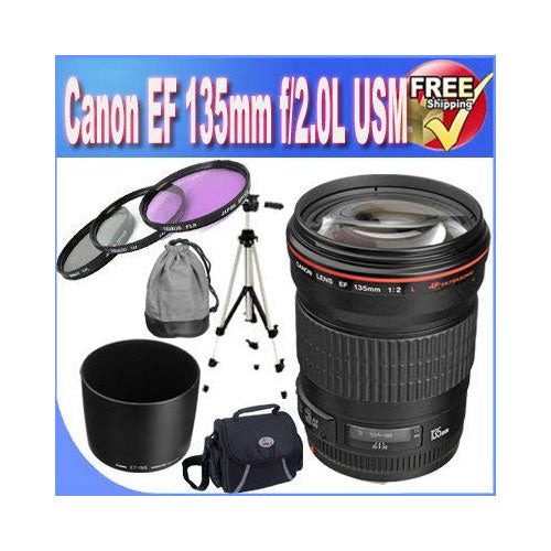 Canon EF 135mm f/2L USM Lens for Canon SLR Cameras + 72mm 3 Piece Professional Filter Kit + Professional Full Size Tripod + Shock Proof Deluxe SLR Case + Lens & Camera Cleaning Kit!!!