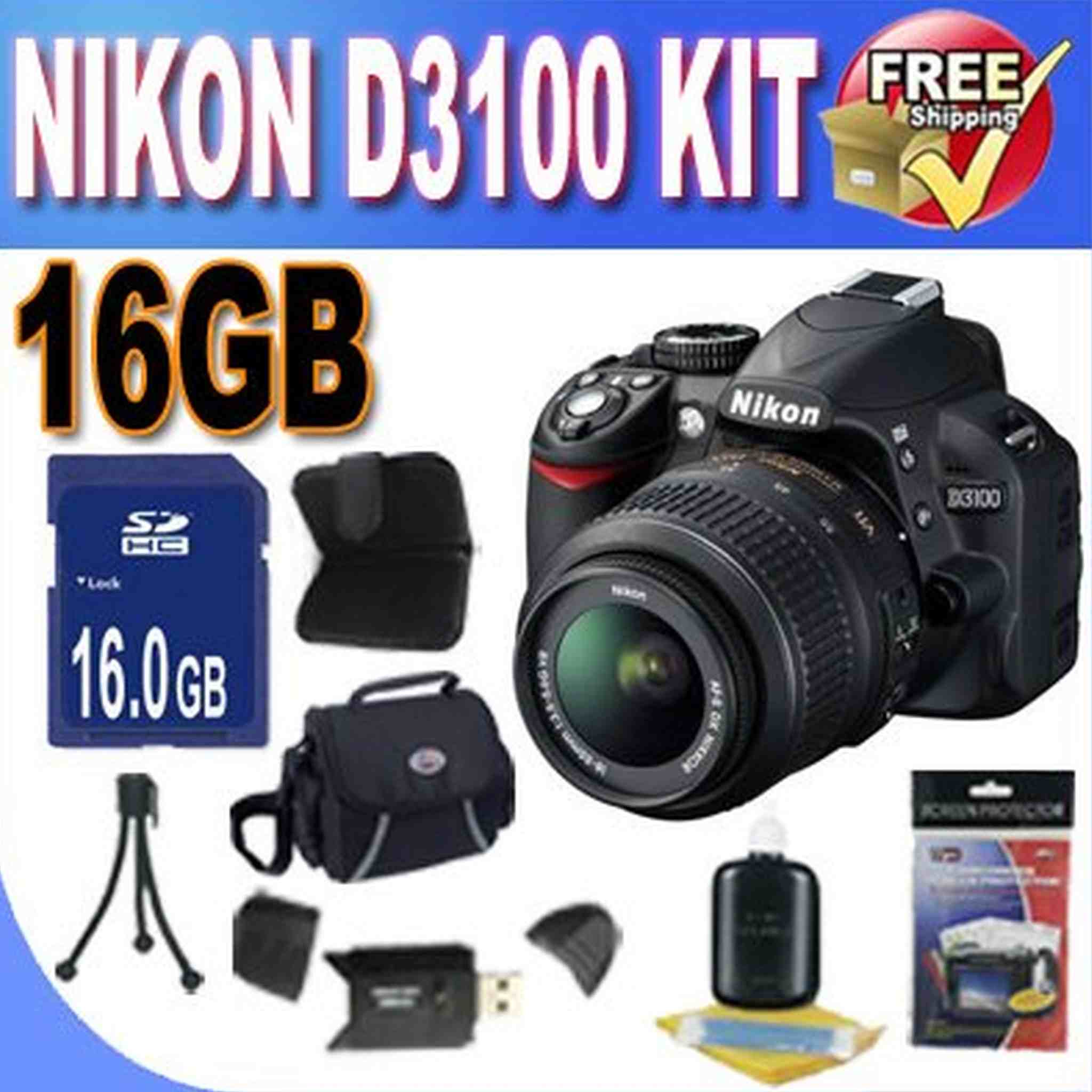 Nikon D3100 14.2MP Digital SLR Camera with 18-55mm f/3.5-5.6 AF-S DX VR Nikkor Zoom Lens 16GB Kit Nikon