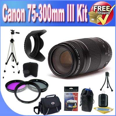 Canon EF 75-300mm f/4-5.6 III Telephoto Zoom Lens for Canon SLR Cameras + 3 Piece Professional Filter Kit + Lens Hood + Bundle