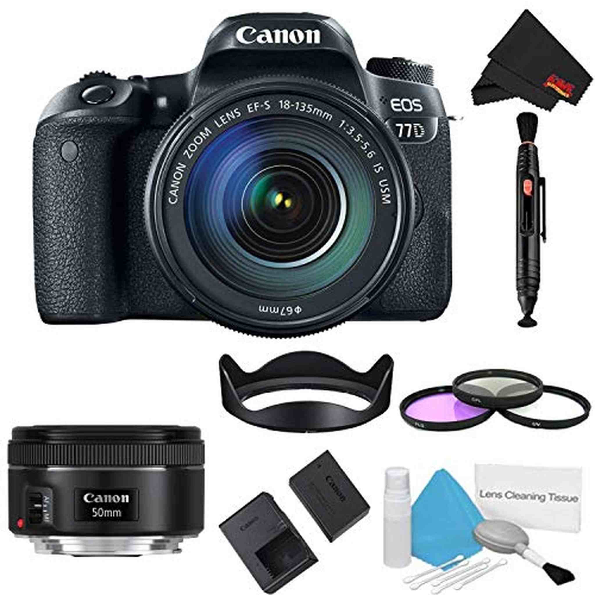 Canon EOS 77D DSLR Camera with 18-135mm Lens Bundle w/ 3 Piece Filter Kit + Bonus 50mm Lens International Model - Used Canon