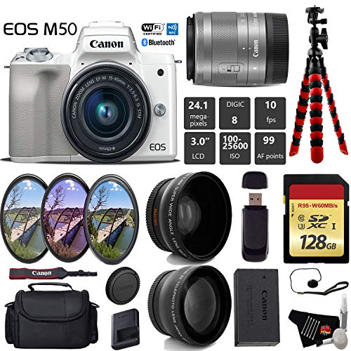 Canon EOS M50 Mirrorless Digital Camera White with 15-45mm Lens + UV FLD CPL Filter Kit + Wide Angle & Telephoto Lens
