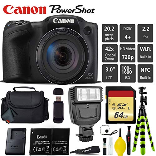 Canon PowerShot SX420 is Digital Point and Shoot 20MP Camera + Extra Battery + Digital Flash + Camera Case + 64GB Class