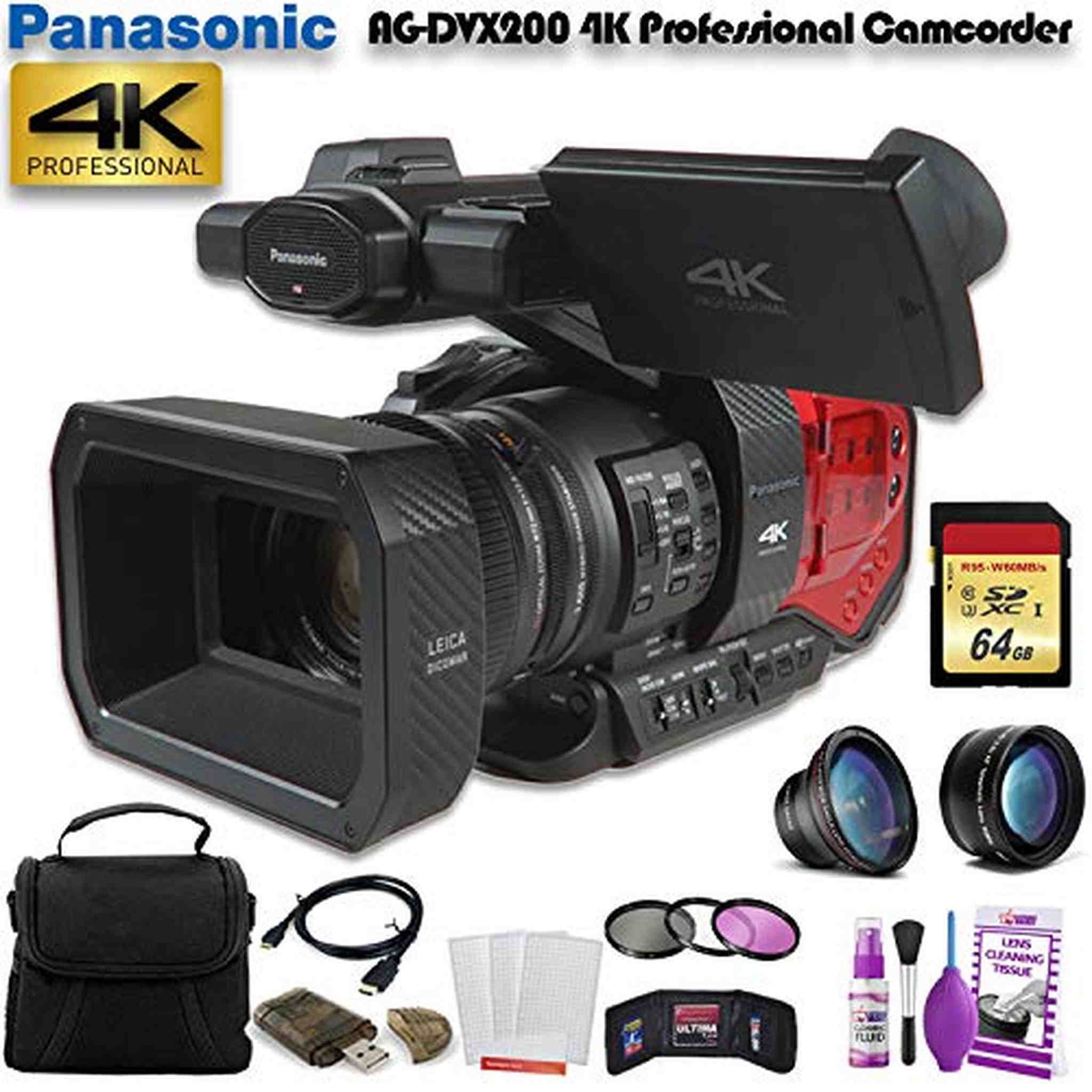 Panasonic AG-DVX200 4K Professional Camcorder AG-DVX200PJ8 W/ 64GB Memory Card, Bag, lens Filters, Cleaning Kit, and More Panasonic