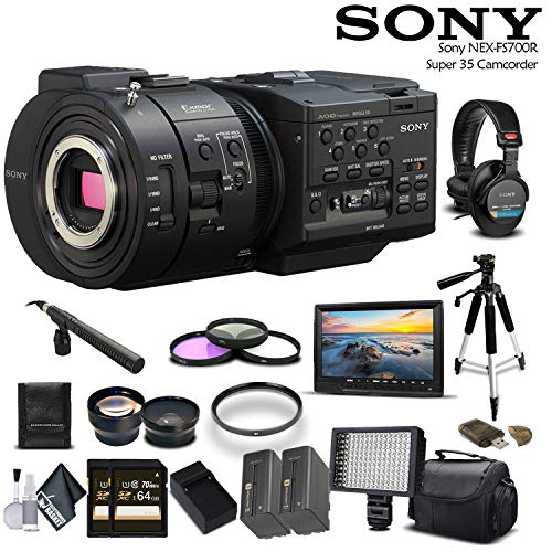 Sony NEX-FS700R Super 35 Camcorder (Intl Model) With 2 -64GB Cards, 2 Extra Batteries, LED Light, Case, Tripod, Rode Mic, External Screen Bundle