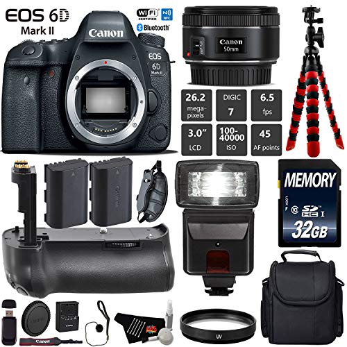 Canon EOS 6D Mark II DSLR Camera With 50mm f/1.8 STM Lens + Professional Battery Grip + UV Protection Filter + Flash Starter Bundle