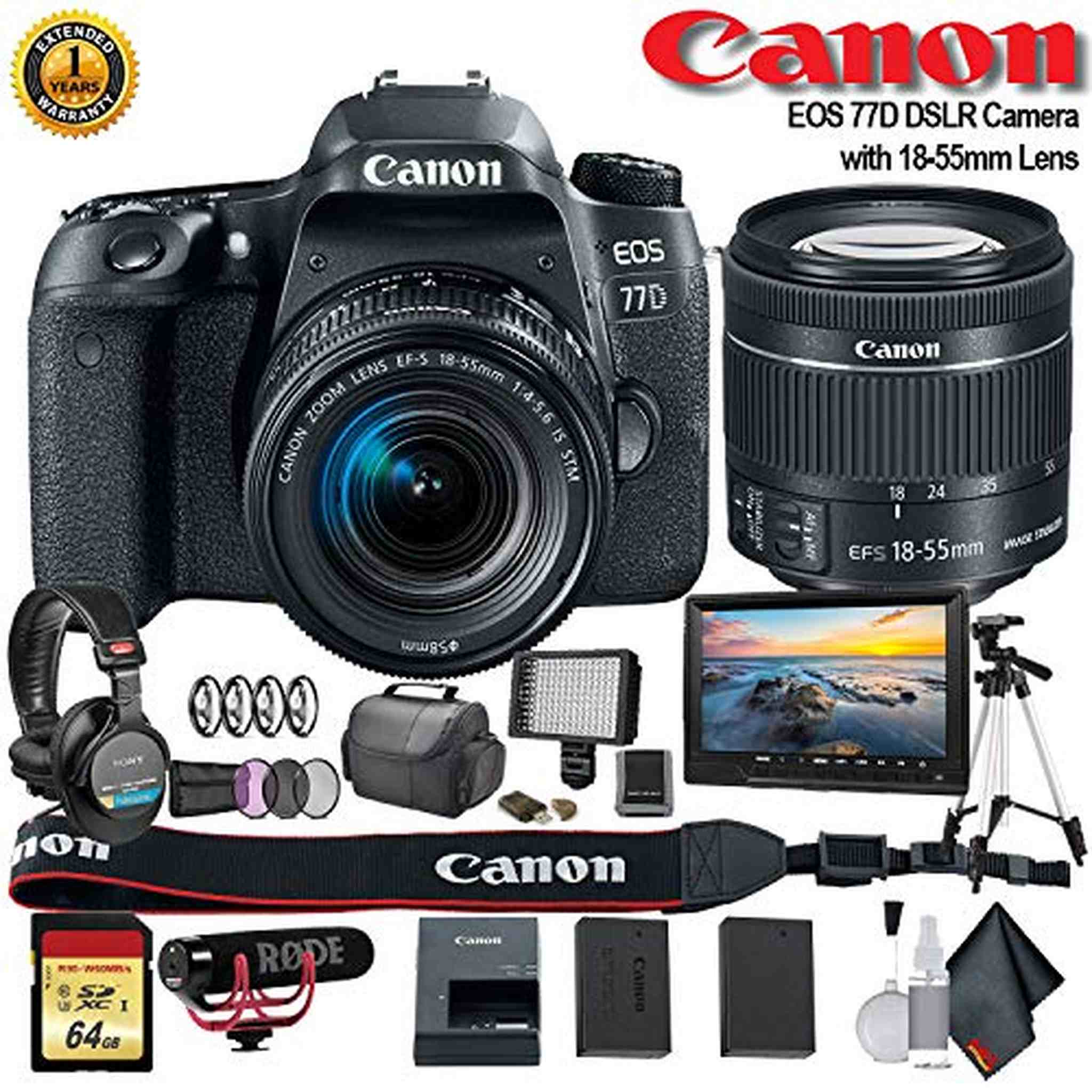 Canon EOS 77D DSLR Camera with 18-55mm Lens International Model 1892C016 W/Bag, Extra Battery, LED Light, Mic, Filte Canon