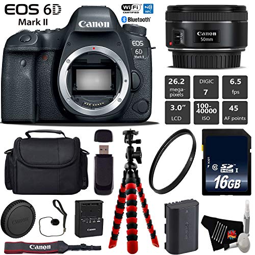 Canon EOS 6D Mark II DSLR Camera with 50mm f/1.8 STM Lens + Wireless Remote + UV Protection Filter + Case + Wrist Strap Base Bundle