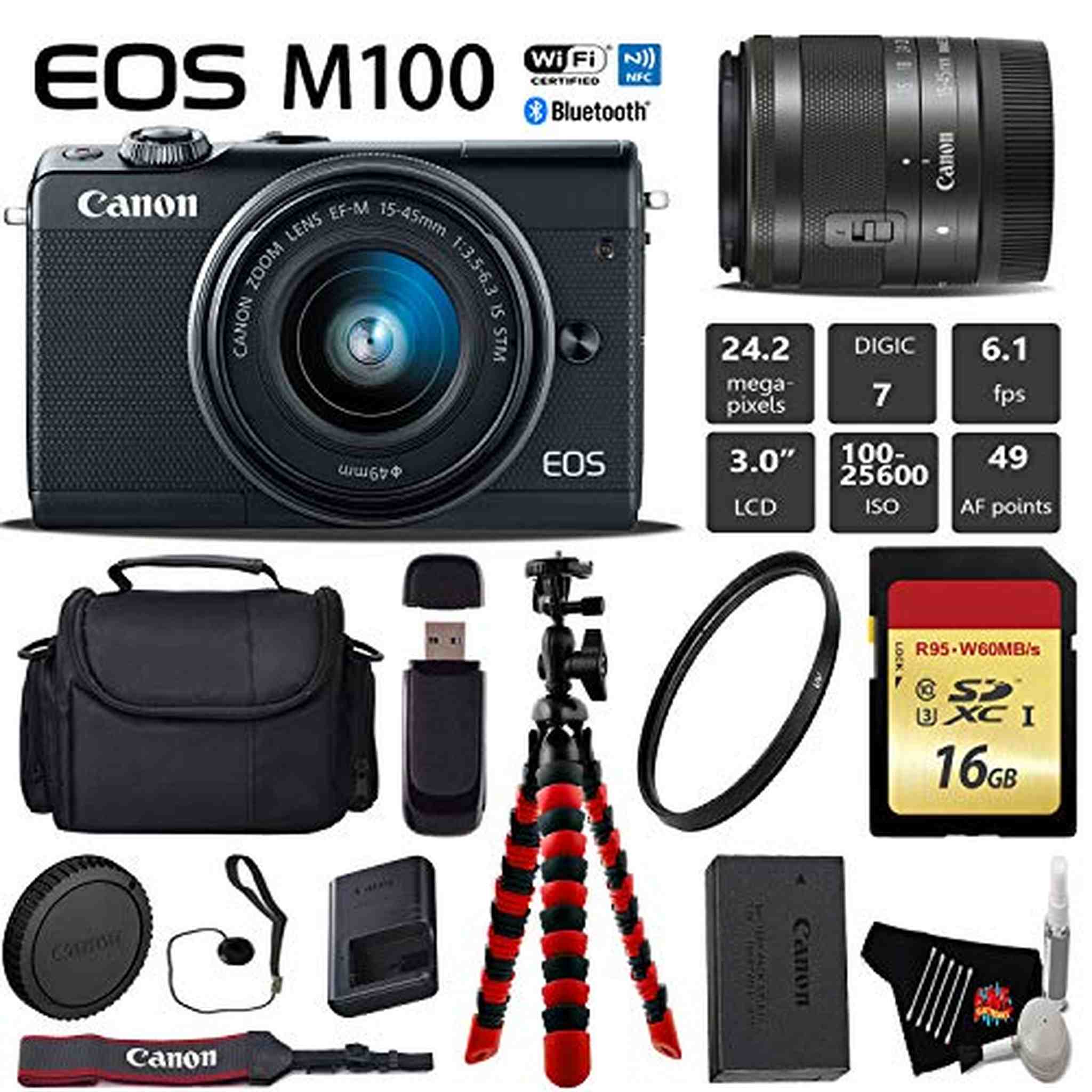 Canon EOS M100 Mirrorless Digital Camera Black with 15-45mm Lens + Flexible Tripod + UV Protection Filter + Profession