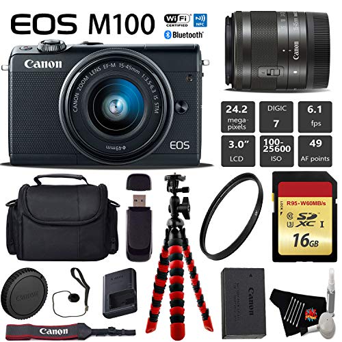 Canon EOS M100 Mirrorless Digital Camera Black with 15-45mm Lens + Flexible Tripod + UV Protection Filter + Profession