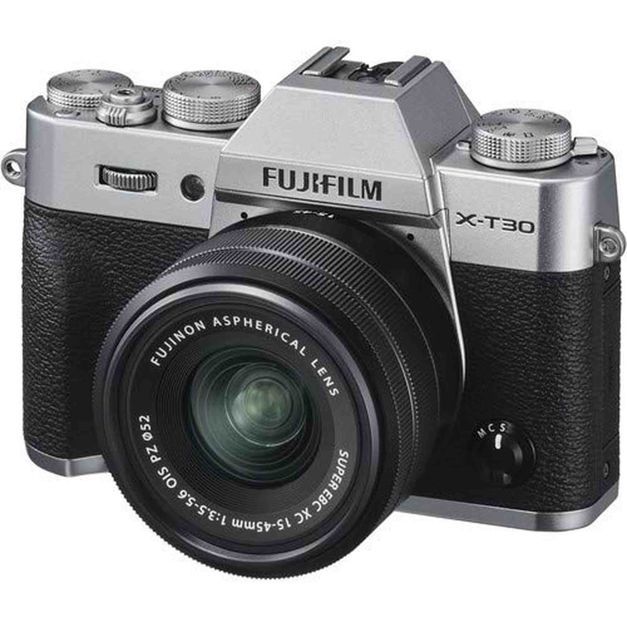 FUJIFILM X-T30 Mirrorless Digital Camera with 15-45mm Lens 16619061 Silver - Bundle with 32GB Memory Card + Carrying Case + More