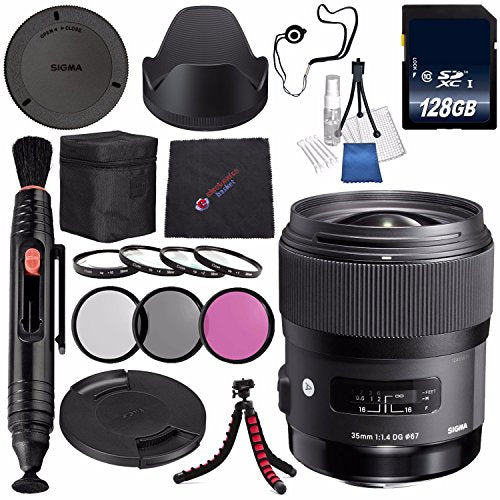 Sigma 35mm f/1.4 DG HSM Art Lens for Canon DSLR Cameras #340101 + 67mm 3 Piece Filter Kit + 128GB SDXC Memory Card + Lens Pen Cleaner Bundle