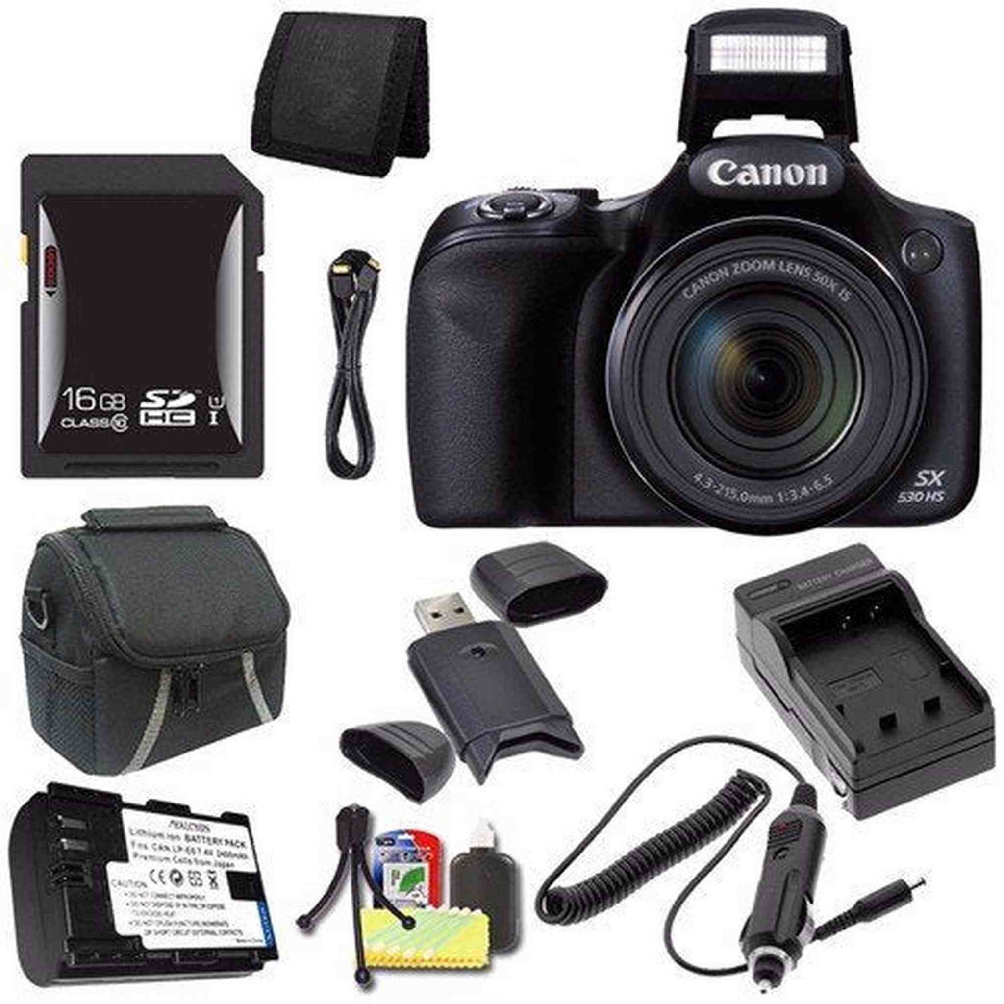 Canon PowerShot SX530 HS Digital Camera Black International Model + NB-6L Battery + External Charger + 16GB SDHC Car Canon