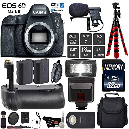 Canon EOS 6D Mark II DSLR Camera (Body Only) + Professional Battery Grip + Condenser Microphone + Flash + Extra Battery Starter Bundle