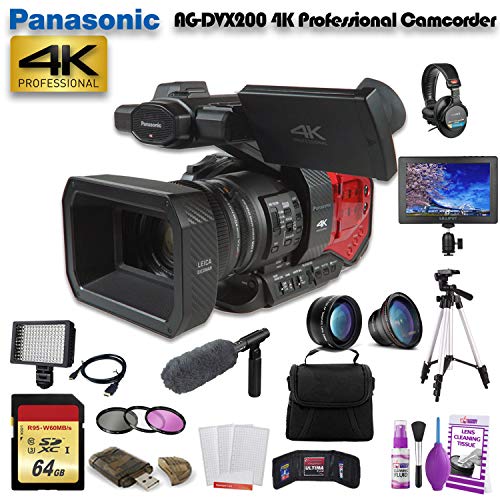 Panasonic AG-DVX200 4K Professional Camcorder AG-DVX200PJ8 W/ 64GB Memory Card, Bag, Tripod, Led Light, Sony Headphones, Mic Bundle