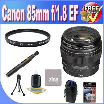 Canon EF 85mm f/1.8 USM Medium Telephoto Lens + UV Filter + Lens Case + Zing MicroFiber Cleaning Cloth + Lens Pen Cleaner + Lens Accessory Saver Bundle!!