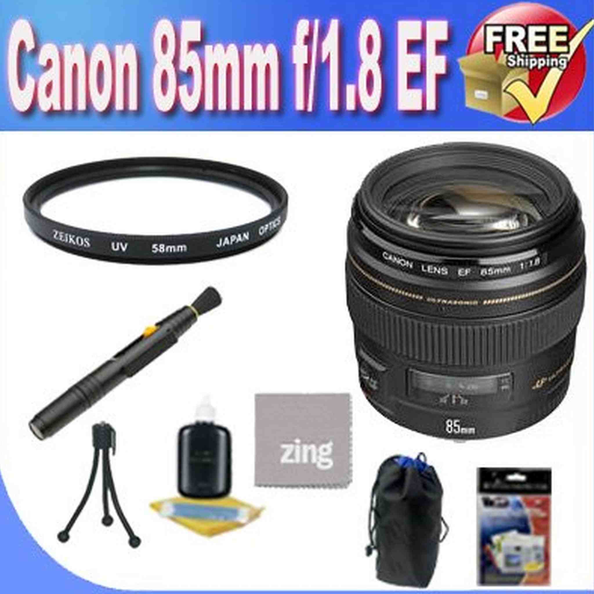 Canon EF 85mm f/1.8 USM Medium Telephoto Lens + UV Filter + Lens Case + Zing MicroFiber Cleaning Cloth + Lens Pen Cleaner + Lens Accessory Saver Bundle!! Canon