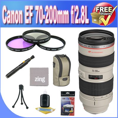 Canon EF 70-200mm f/2.8L USM Telephoto Zoom Lens + 3 Piece Filter Kit + Lens Case + Zing Microfiber Cleaning Cloth + Lens Pen Cleaner + Lens Accessory Saver Bundle