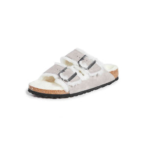 Birkenstock Women's Arizona Shearling Sandals, Stone Coin/Natural, Grey, 7 Narrow US