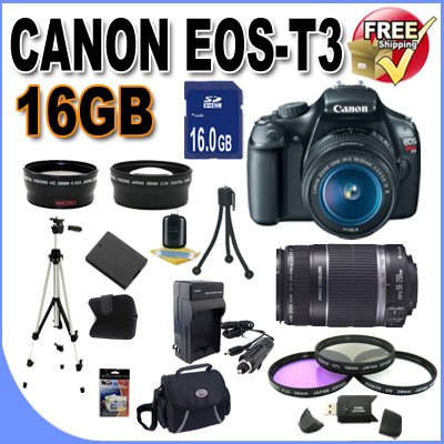 Canon EOS Rebel T3 12.2 MP CMOS Digital SLR with 18-55mm IS II Lens (Black) + Canon EF-S 55-250mm f/4.0-5.6 IS Telephoto Zoom Lens + 58mm Wide Angle Lens (4 Lens Kit!!!) W/16GB Memory Card + Extra LPE
