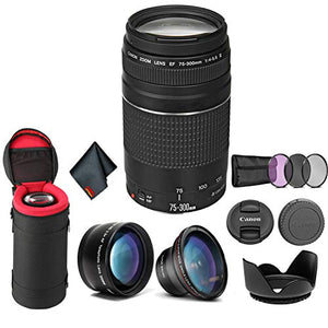 Canon EF 75-300mm f/4-5.6 III Telephoto Zoom Lens 6473A003 Bundle with Tulip Lens Hood + Wide Angle Lens + Telephoto Len