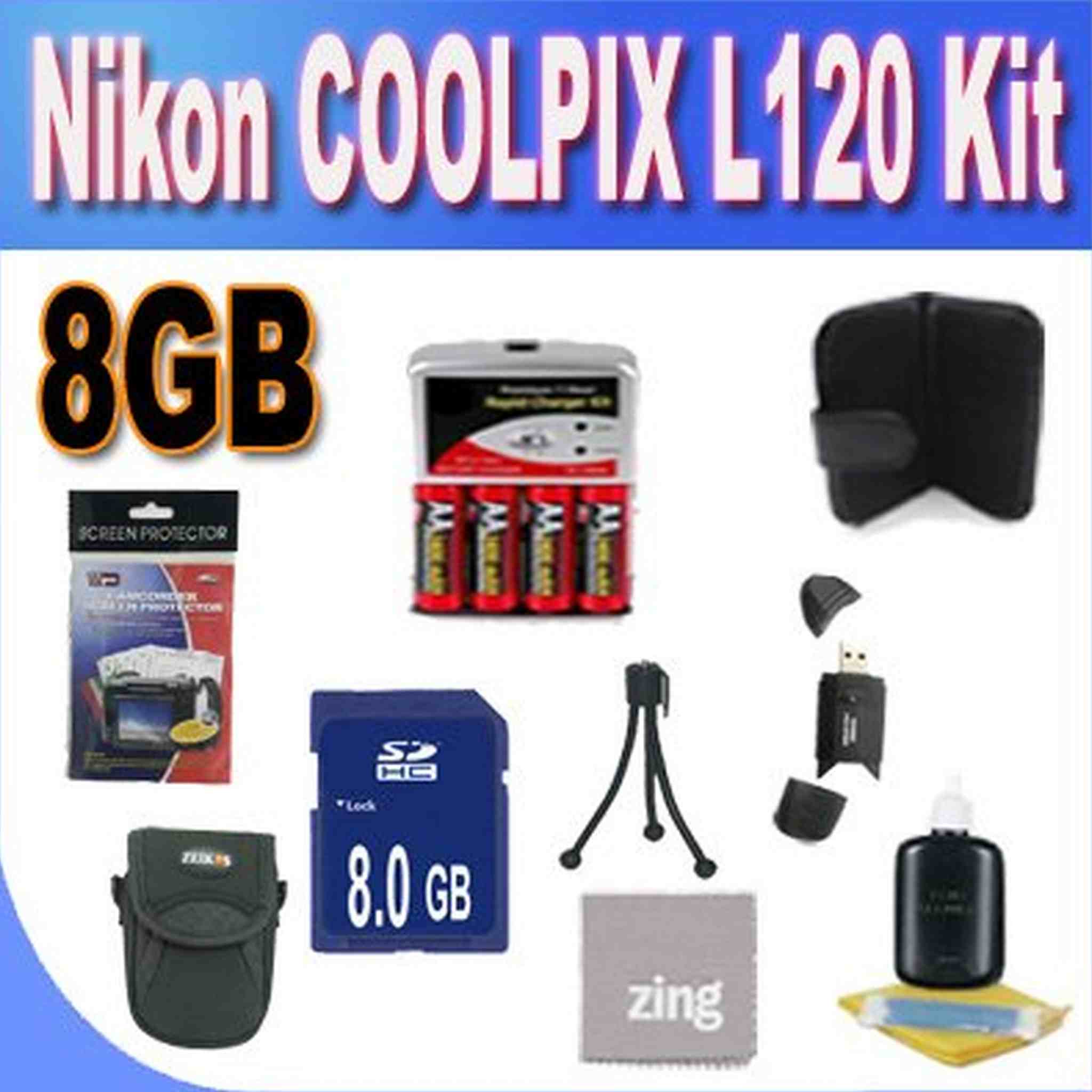 Nikon COOLPIX L120 8GB Accessory Saver Kit 8GB SDHC Memory Card+ Set of 4 NIMH Rechargeable AA Batteries+ Rapid Battery Charger + Memory Card Wallet+ Accessory Kit