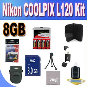 Nikon COOLPIX L120 8GB Accessory Saver Kit 8GB SDHC Memory Card+ Set of 4 NIMH Rechargeable AA Batteries+ Rapid Battery Charger + Memory Card Wallet+ Accessory Kit