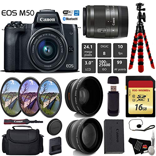 Canon EOS M50 Mirrorless Digital Camera with 15-45mm Lens + UV FLD CPL Filter Kit + Wide Angle & Telephoto Lens + Camera