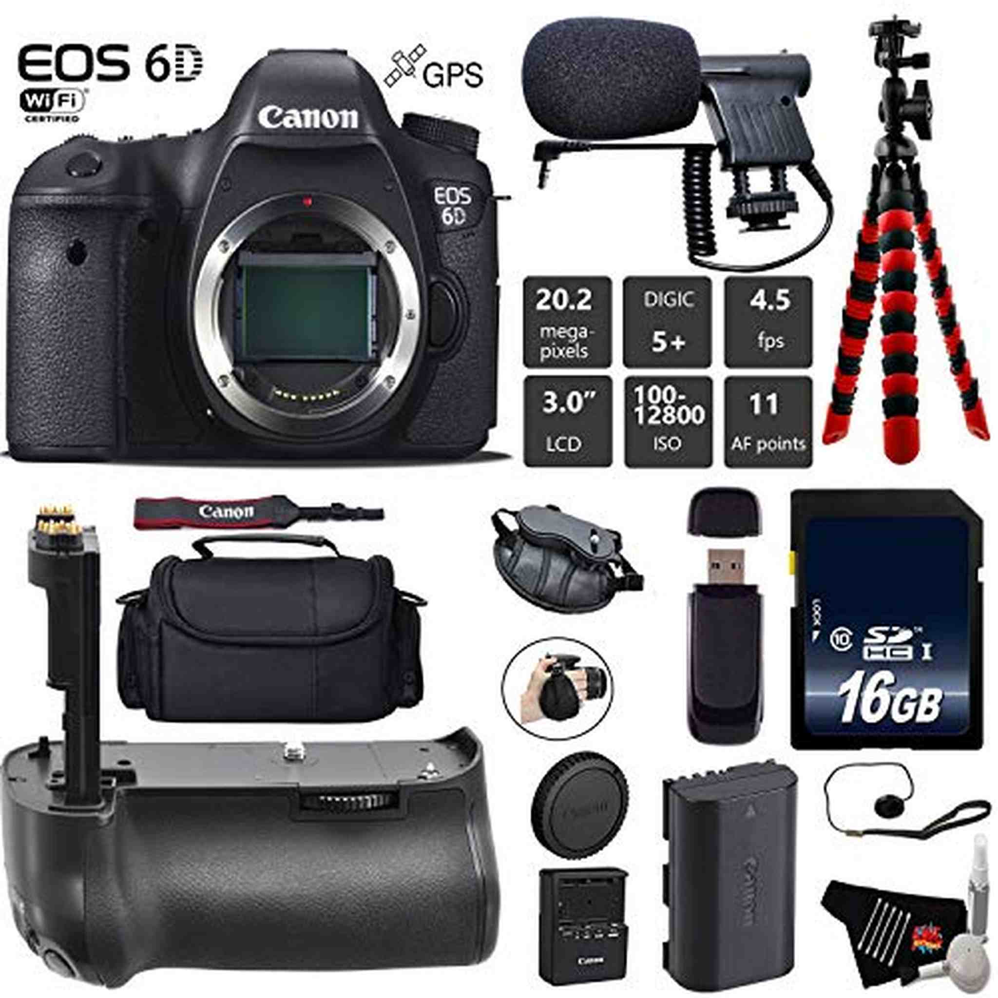 Canon EOS 6D DSLR Camera Body Only + Professional Battery Grip + Condenser Microphone + Case + Wrist Strap + Tripod + Canon