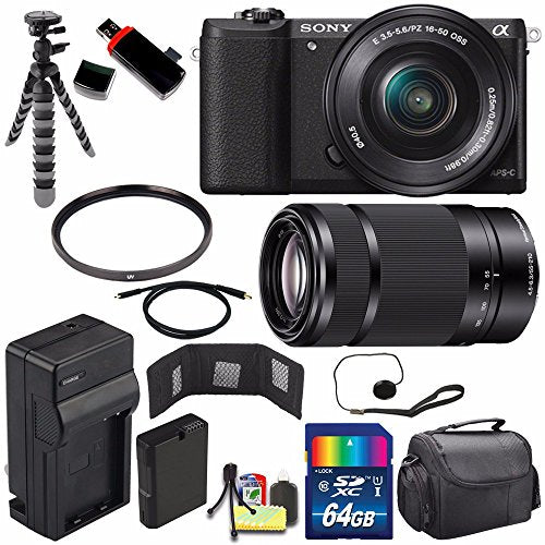 Sony Alpha a5100 Mirrorless Digital Camera with 16-50mm Lens Black + Sony E 55-210mm f/4.5-6.3 OSS E-Mount Lens 64GB B