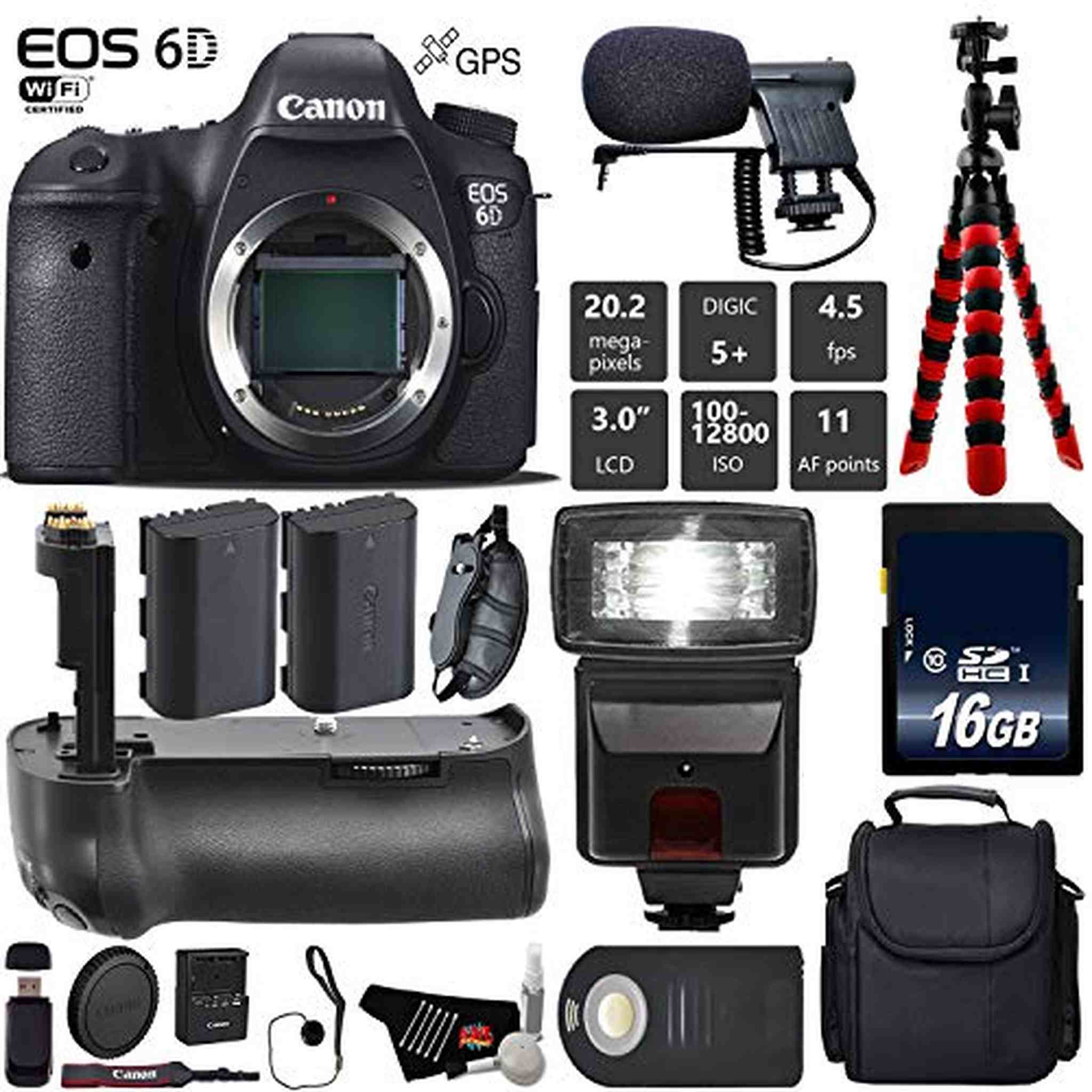 Canon EOS 6D DSLR Camera Body Only + Professional Battery Grip + Condenser Microphone + Flash + Extra Battery + Case + Canon